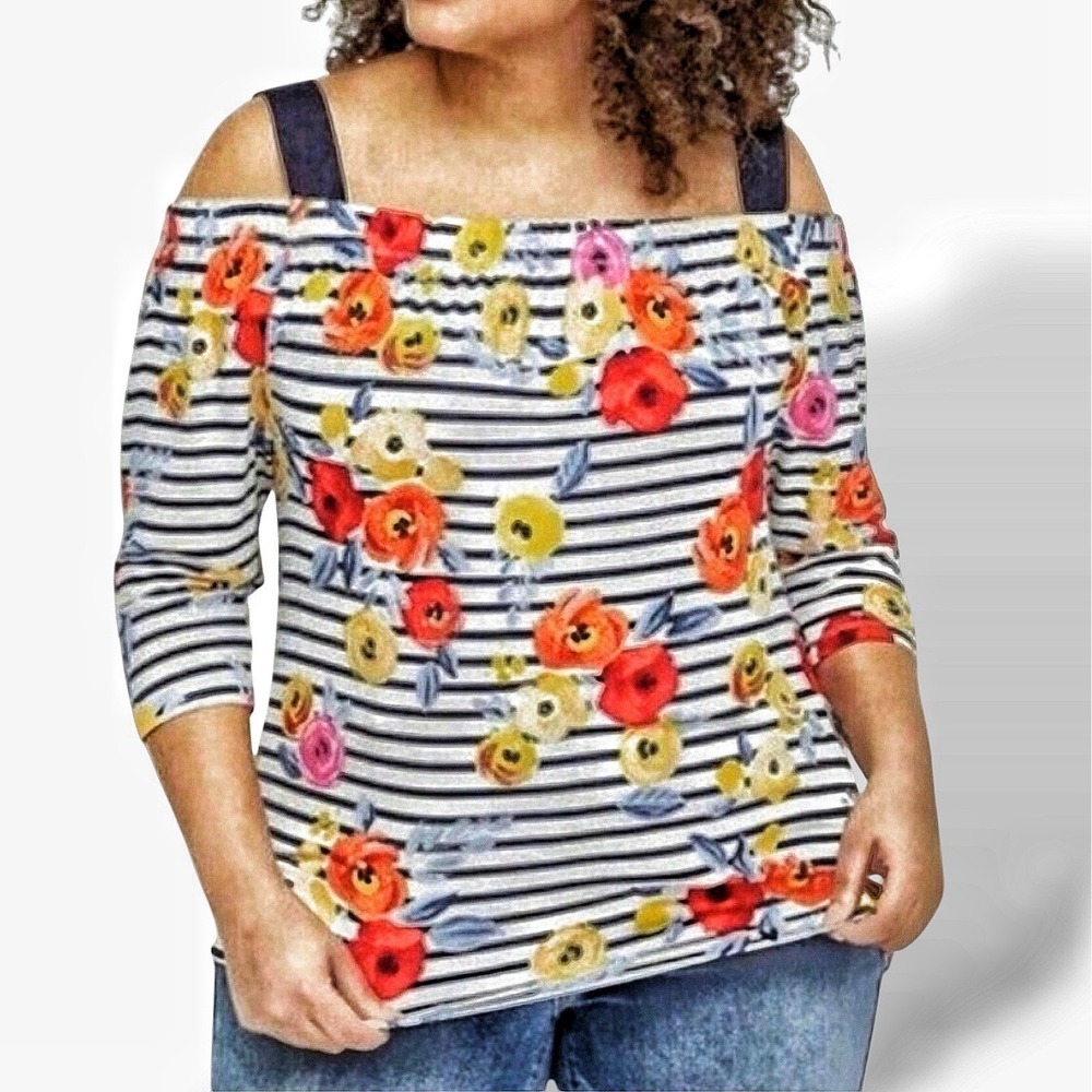 Lane Bryant Cold Shoulder Blouse Top Striped Floral Size 14/16 XL NWT NEW $40